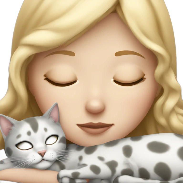 blonde girl sleeping with white and gray spotted cat emoji