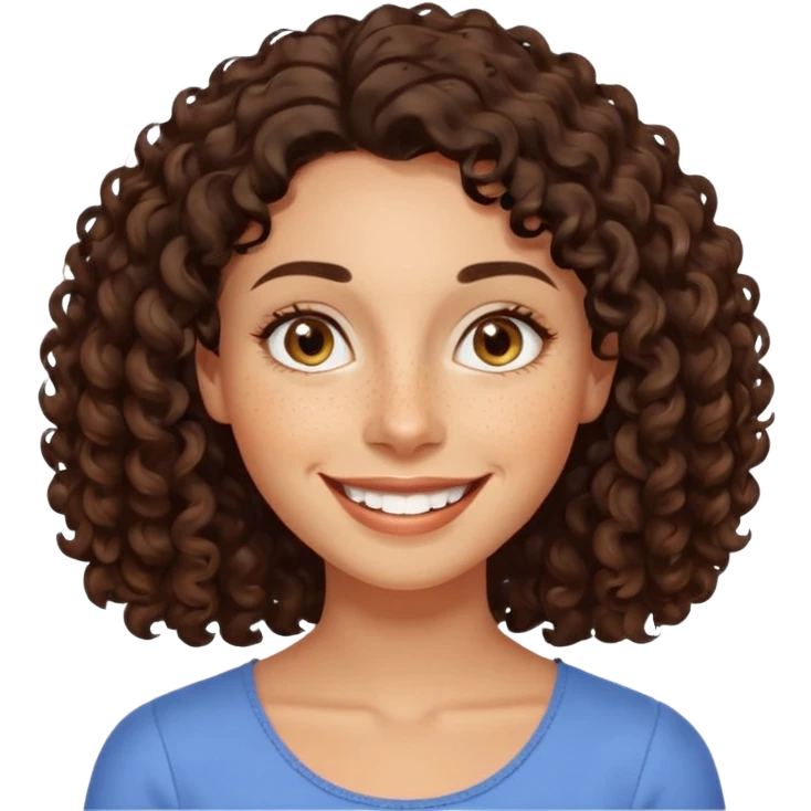 realistic emoji of a woman with dark curly shoulder-length hair, smiling broadly with visible teeth, expressive almond-shaped eyes, freckles, smooth glowing skin, friendly calm demeanor emoji