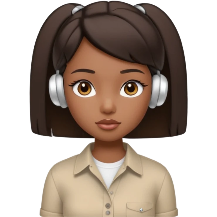 generate a pretty bratz girl with dark brown eyes. Dark brown hair straight short hair. tight beige button up shirt with top shirt open.  airpods in ear emoji