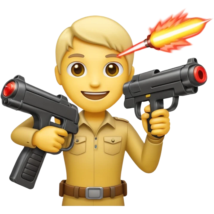 emoji character with a cartoonish laser gun, smiling emoji