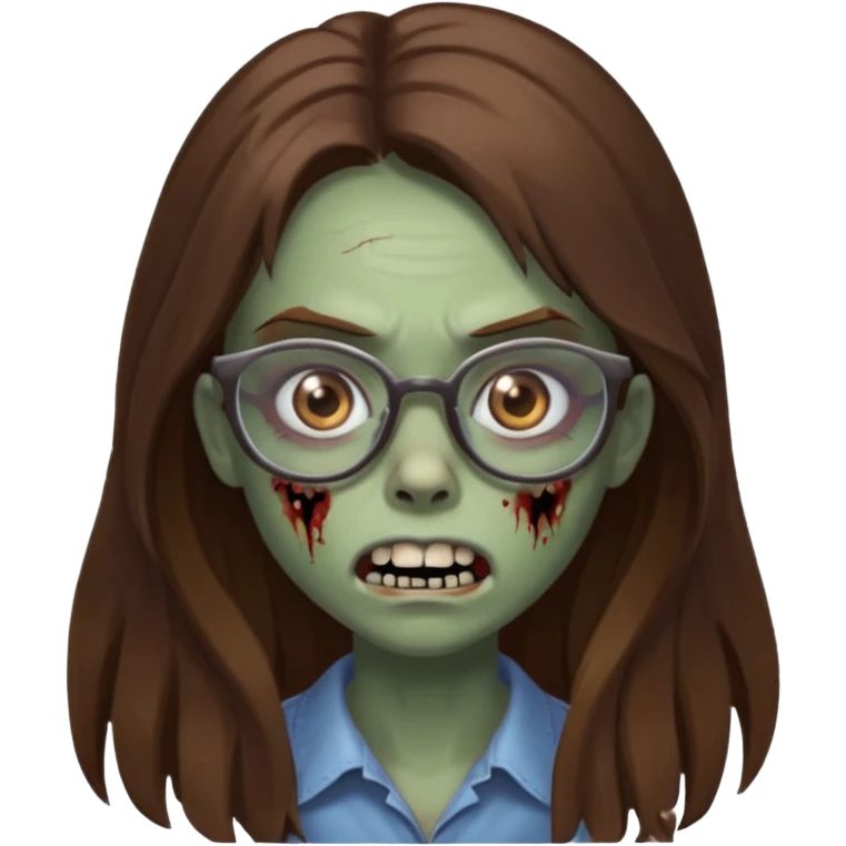 Girl zombie with brown long hair with teeth and serious face IOS style with glasses emoji