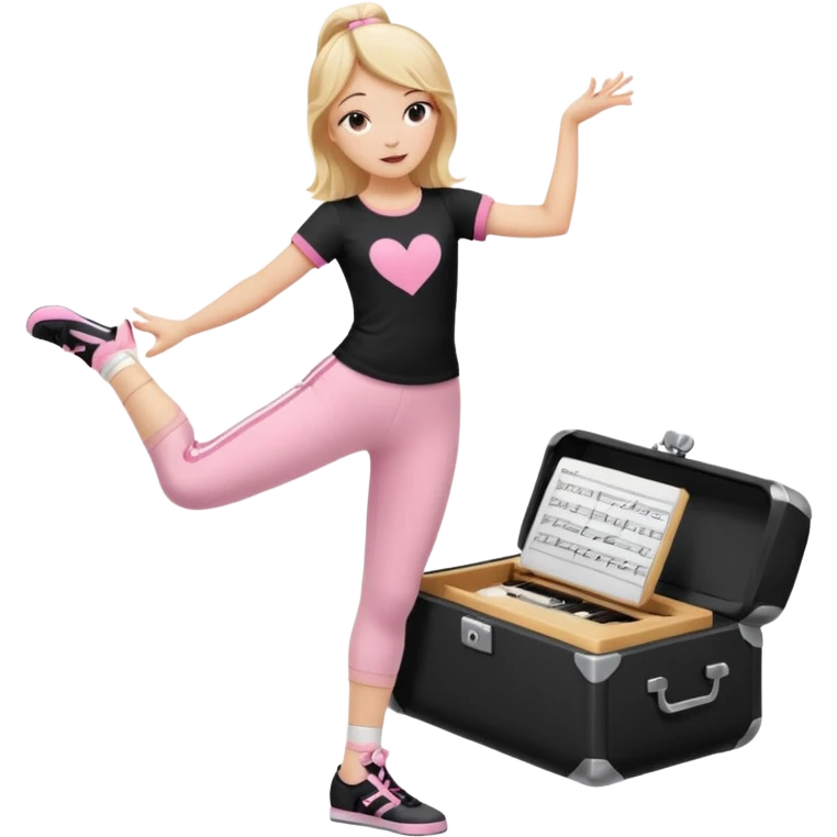 Hiphop dancer, with cute big pants, sneakers, and t-shirt. White girl blond. Coloufull shirt. No pocket pants. Dancing. Pink and black plain outfit. No sweatbands on the wrist, black music box behind her. Ballerina pose. The third on is amazing. With nothing on the shirt emoji