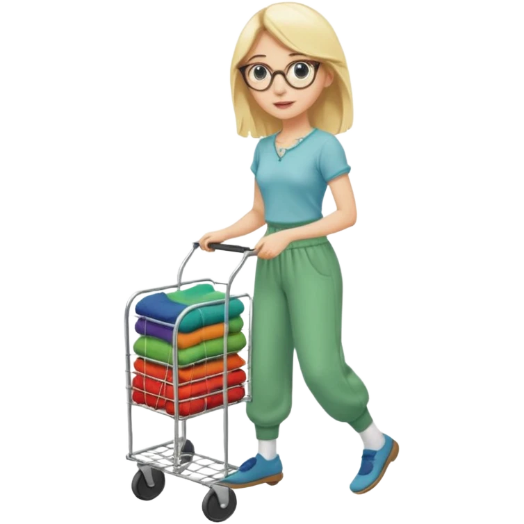 Fille blonde, pantalon d’Aladin vert. Lunettes ronde fine. Elle pousse un bac à roulette remplie de chaussettes  emoji