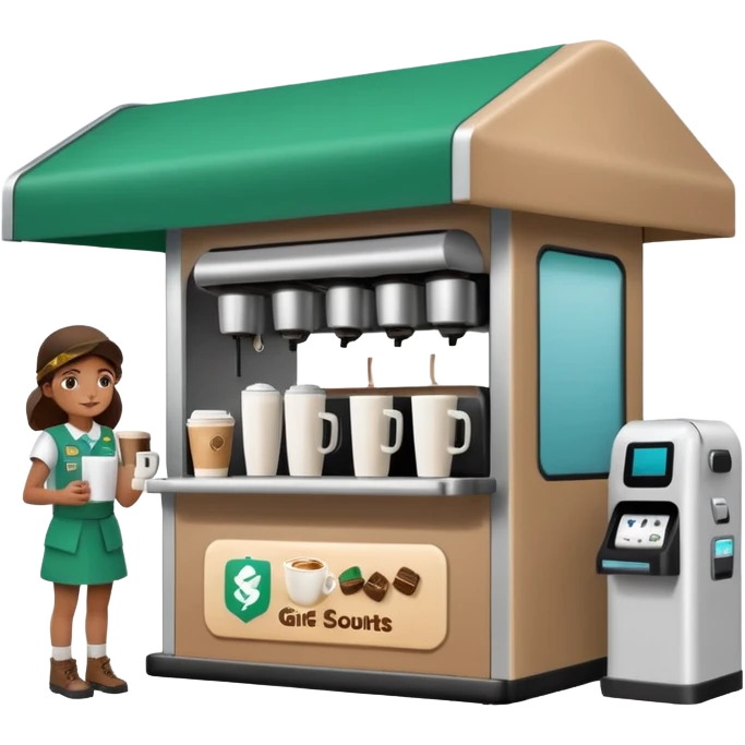 Girl Scouts selling coffee at her roped-off and covered booth stand by the side of the road with their own robotic looking coffee machine  emoji
