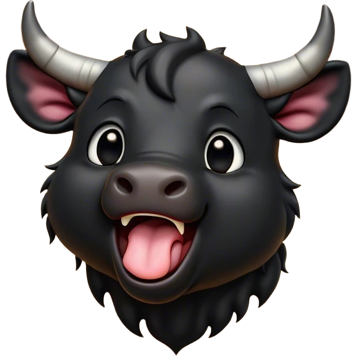 Cinematic Cute Yawning Black Bull Portrait Emoji, Head tilted slightly with a dramatic, wide-open yawn, showcasing a smooth, pure black hide with a subtle texture, floppy ears slightly drooping, round dark eyes barely open in drowsy contentment, Simplified yet irresistibly adorable features, highly detailed, glowing with a soft, cozy glow, high shine, relaxed yet expressive, stylized with a touch of rugged whimsy, bright and endearing, soft glowing outline, capturing the essence of a sleepy yet affectionate guardian, so drowsy it feels like it could charge right out of the screen and curl up for a nap! emoji