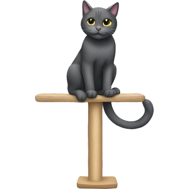 A dark grey cat stretching on a cat tree emoji
