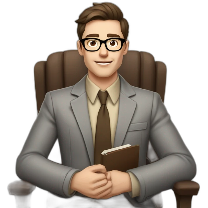 Pale skinned Fit Man With dark brown hair in gray jacket, beige office shirt, Brown pants and vintage glasses sitting In a soft chair with a notebook on spring with emblem Ψ and a pen emoji