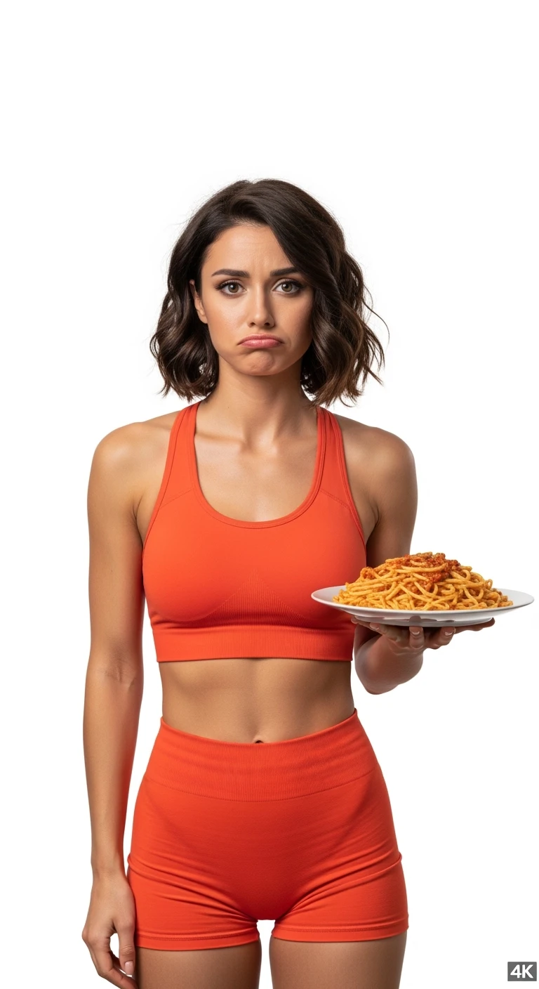 DONNA FITNESS ITALIANA CON PIATTO DI PASTA IN MANO ED ESPRESSIONE DISPIACIUTA IN VOLTO, REALISTICA 4K, ISOLATA SU SFONDO BIANCO emoji
