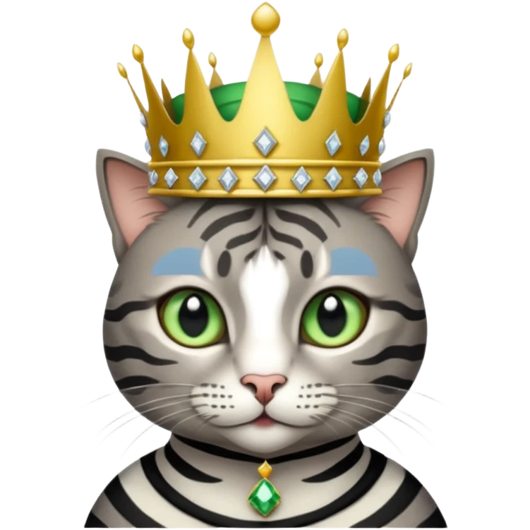 Gatito gris con rayas negras ojos verdes vestida de reina con coronas y diamantes emoji