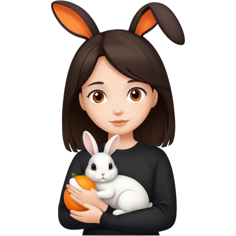 The girl has a dark brown hair. The girl wears a black shirt. The girl has a white rabbit. The rabbit has an orange line in its head emoji