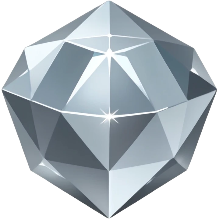 A faceted diamond emoji made of silver chrome, smooth reflective surfaces, soft metallic shine, minimalistic and clean design, iOS emoji style, centered on white background, soft studio lighting emoji