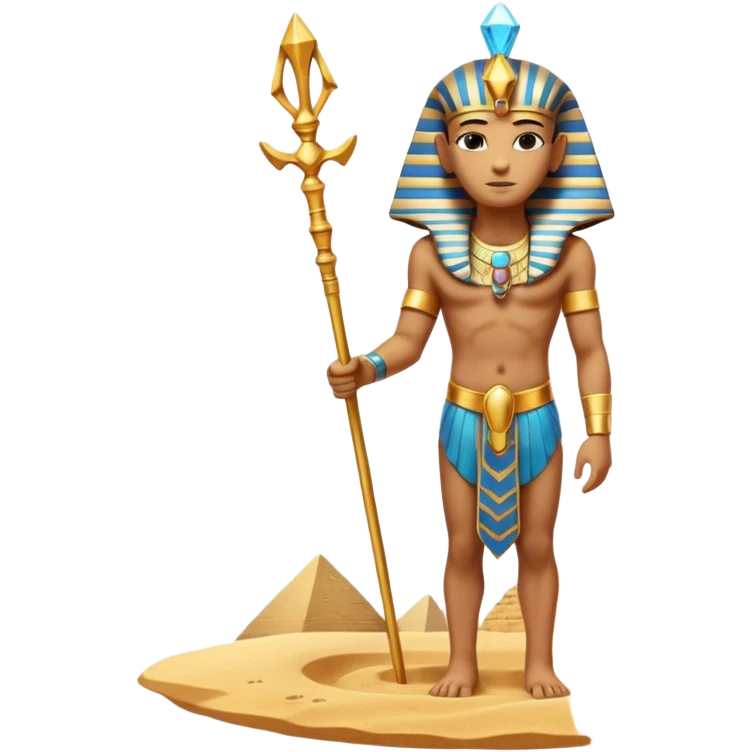 ancient pharaoh sand staff object icon, golden staff with Egyptian symbols, sandstone crystal headpiece, glowing desert aura, floating sand particles, 3D cartoon, mobile game icon style, centered, clean background, no text, no watermark
 emoji