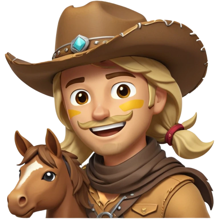 clash-of-clans-aesthetic_-cinematic-playful-cowboy-portrait-emoji, head-tilted with a roguish, cheeky grin and twinkling eyes, featuring a rugged, spirited build with a wide-brimmed cowboy hat and a weathered bandana on tan skin, riding a powerful galloping horse with dynamic flowing mane, reins gripped firmly in one hand and a lasso in the other, as dust swirls behind them in a vast desert landscape. emoji