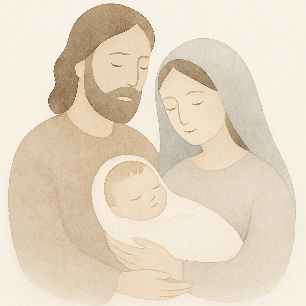 Jesus and his family, warm watercolor style, soft blending, gentle expressions emoji