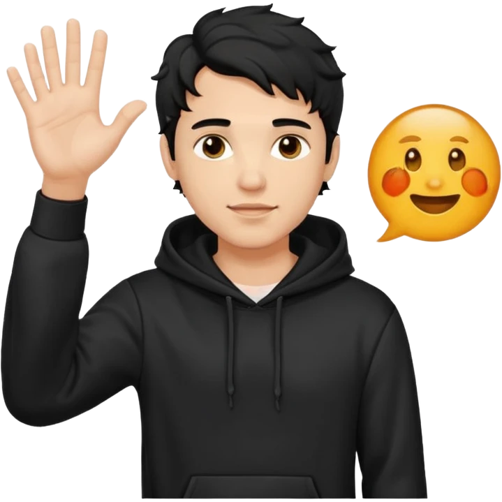 Now create man waveing with one hand with little bit wavey dark black hair with black hoodie on and make him light skin. his haircut is mid fade with hair on his forehead emoji