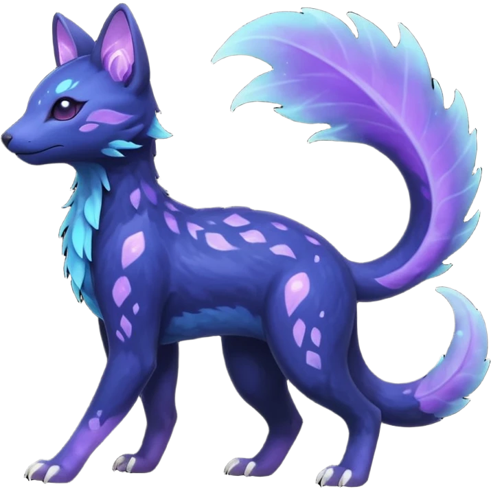 Rare realistic dark-indigo pastel-violet nebulae shiny sparkly dark-neon glowing bioluminescent edgy badass epic pretty beautiful handsome gorgeous aesthetic colorful vibrant Vernid-Trico-species-Fakemon-creature by LiLaiRa, 4 legs, 1 tail, random markings, (full body) emoji
