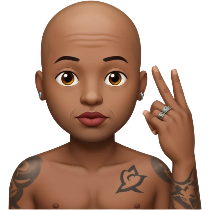 Bald head man with huge lips, tattoos on his chest , holding his finger up to his cheek  emoji