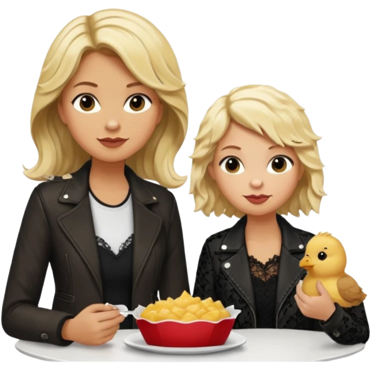 Love tan woman long wavy blonde hair and black lace  with  a white man short spiked blonde hair wearing Brown  jacket eating chick filet  emoji