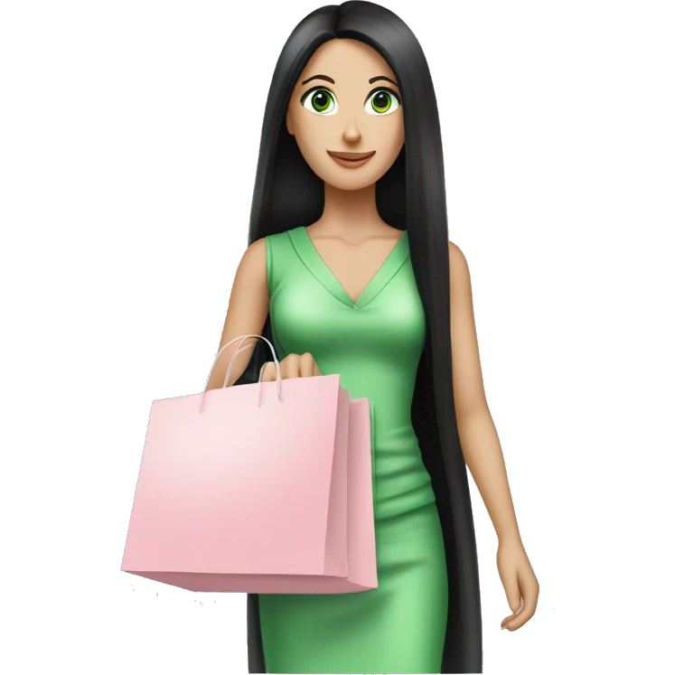 pretty white woman with very long black hair and green eyes and light pink outfit holding a ton of shopping bags emoji