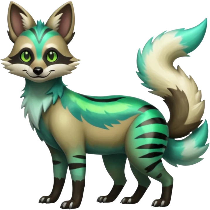 Shiny colorful iridescent Green Neon Glossy Silvally-Aardwolf-Tanuki-Genet-Bobcat-fusion-animal-hybrid-creature, full body emoji