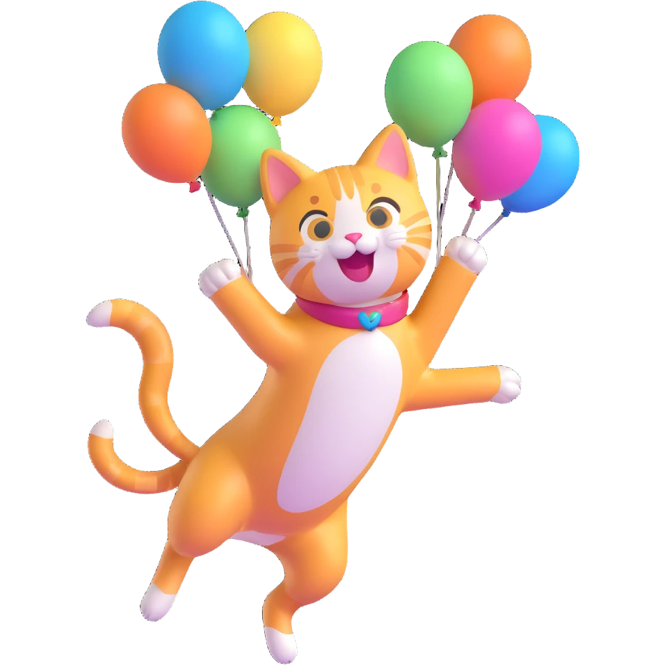 a cat jumping with joy, surrounded by balloons, playful 3D emoji style emoji