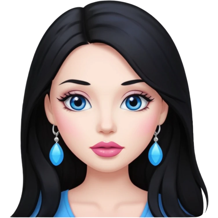 beautiful woman, long black hair, pink blush, blue eyes and big lips emoji