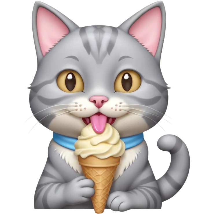 cute gray cat portrait, head and shoulders only, licking an ice cream cone, funny happy expression, 3D cartoon, mobile game icon style, clean background, no text, no watermark
 emoji