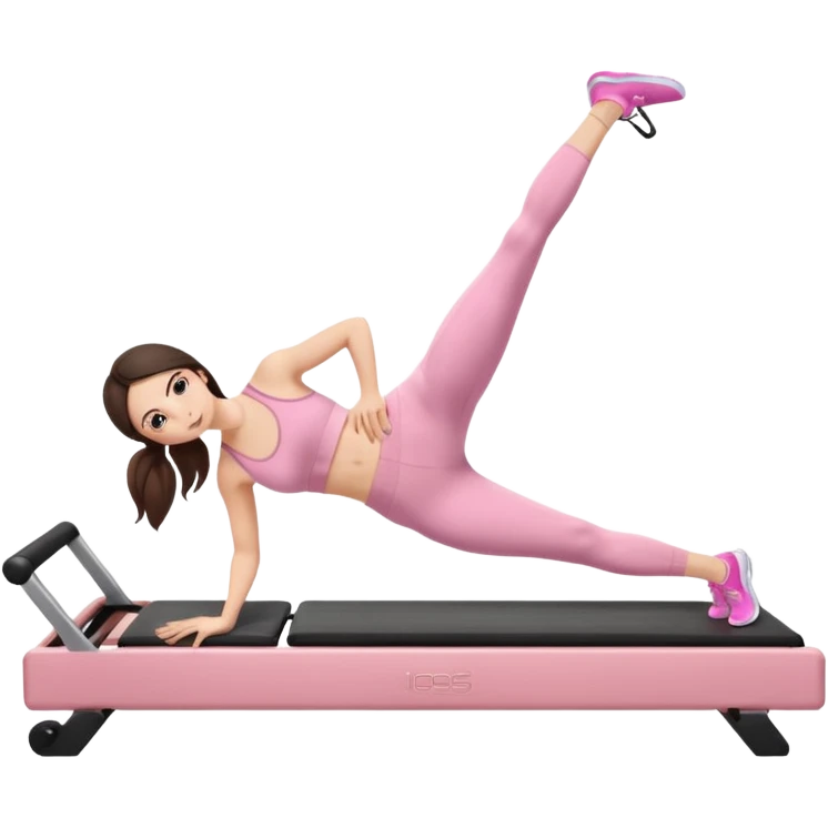 white brunette girl in light pink workout clothes doing a plank on a reformer emoji