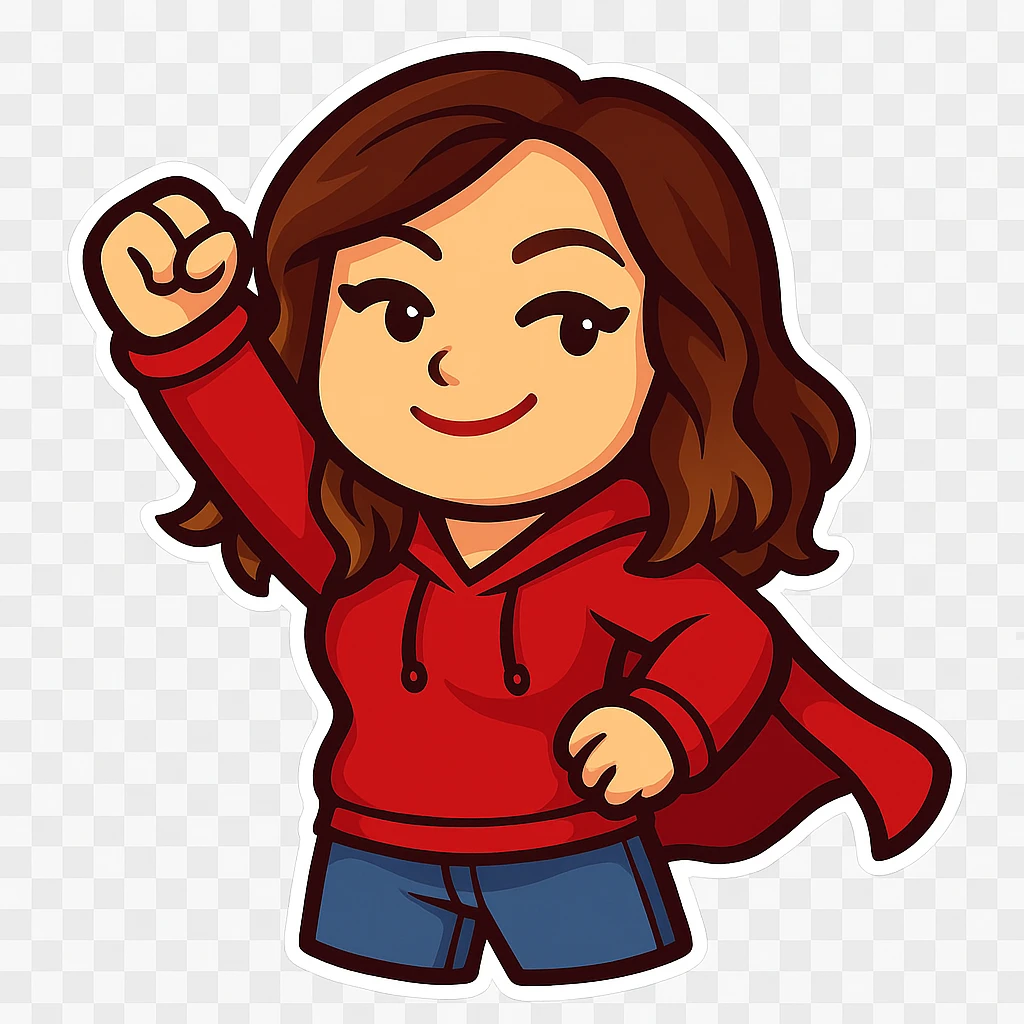 Sticker style chibi emote of the woman from the reference images, wearing a red hoodie and jeans, superhero cape pose, no headband, no sparkles, no wand, transparent background. emoji