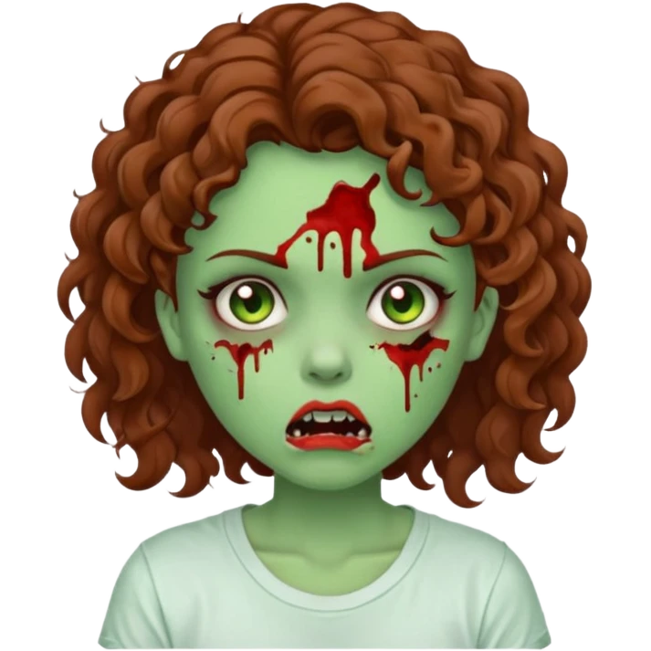 Zombie girl with curly brown hair como emoji de iphone y con la boca un poco lastimada haz que tenga una simple remera blanca puesta pero que sea zombie verde emoji