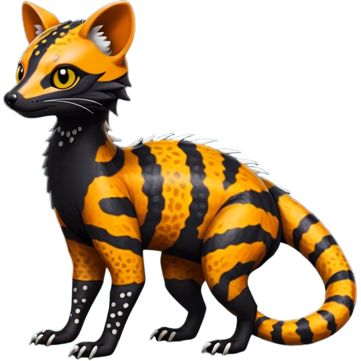 Rare warm-colored exotic edgy epic aesthetic spooky dark modern colorful cyber-Genet-Trico-Salandit-Civet-species-Fakemon-hybrid-creature, with beautiful intricate markings, full body emoji