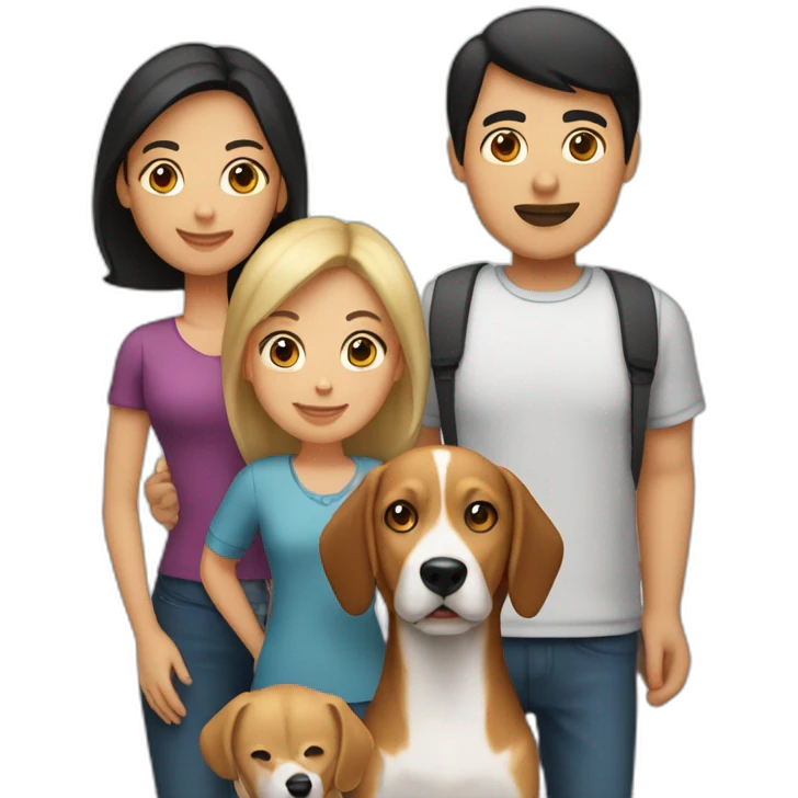 A family of 4 people and a dog. The dog is a beagle. The people are the dad, black hair, the mom with blond hair, finally a teenager with brown hair and a child with blond hair emoji
