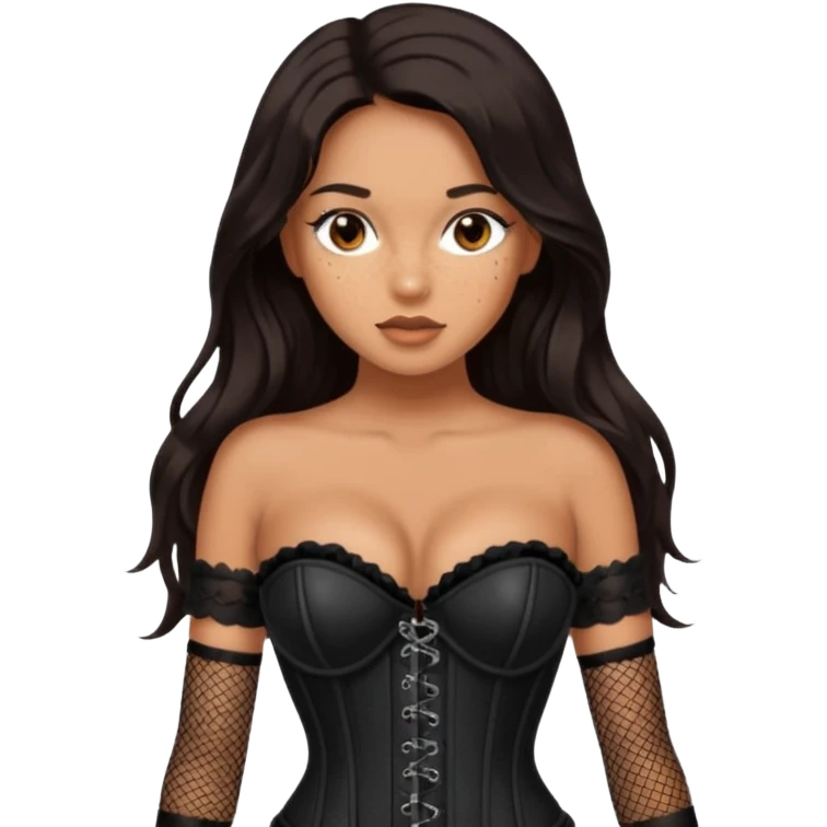 Tan skin with freckles, long dark hair, hazel eyes Dominatrix with black fishnet stockings  emoji