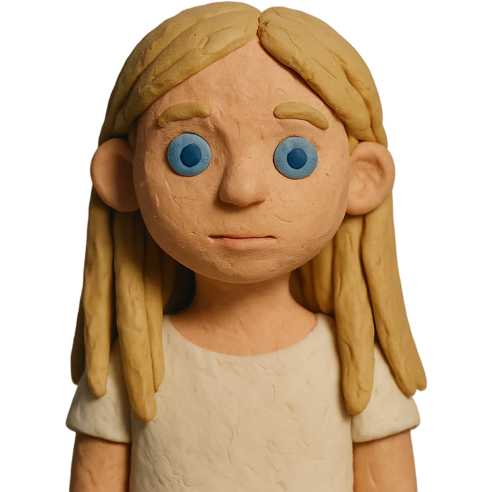girl with long dirty blond hair, blue eyes, wearing a white top in claymation style emoji