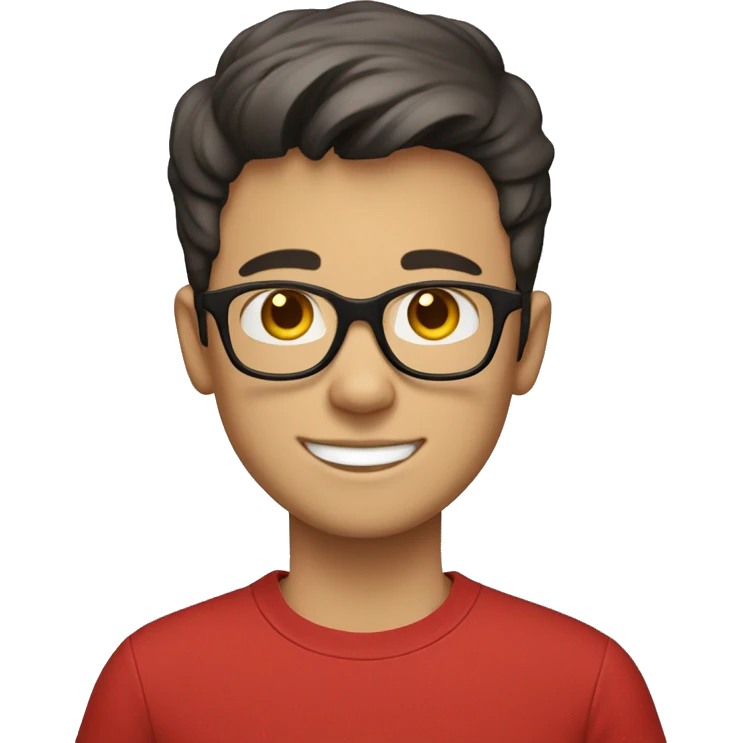 The young white boy WITH black eyes smiled with short hair, black-rimmed glasses and a red T-shirt. emoji