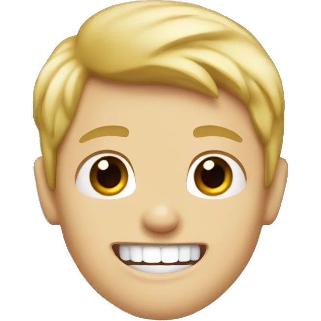 a boy with blond hair, red eyes and sharp teeth with a smile emoji