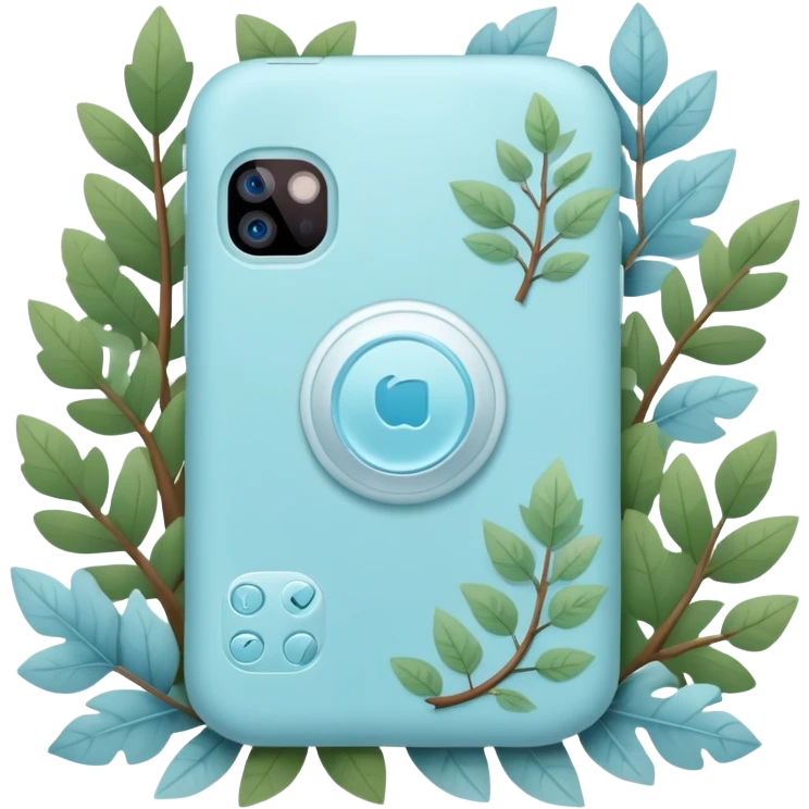 phone icon, pastel blue color, forest theme with leaves, trees, nature elements emoji