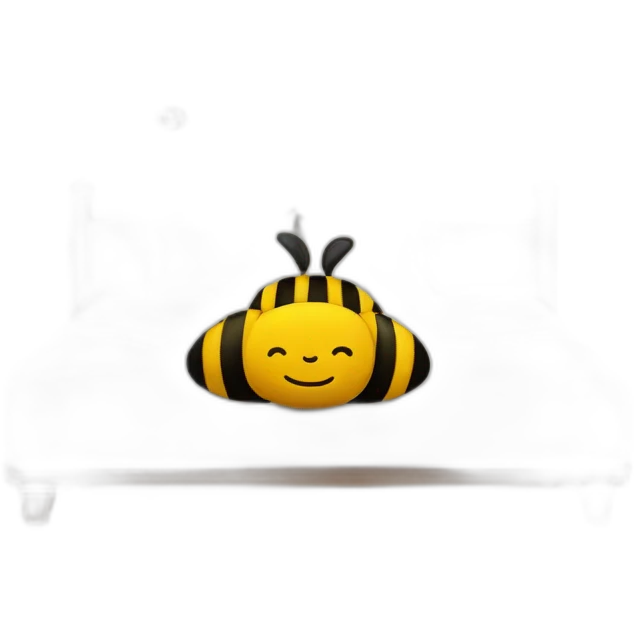 A bed with a giant bee on with a smiley face pillow emoji