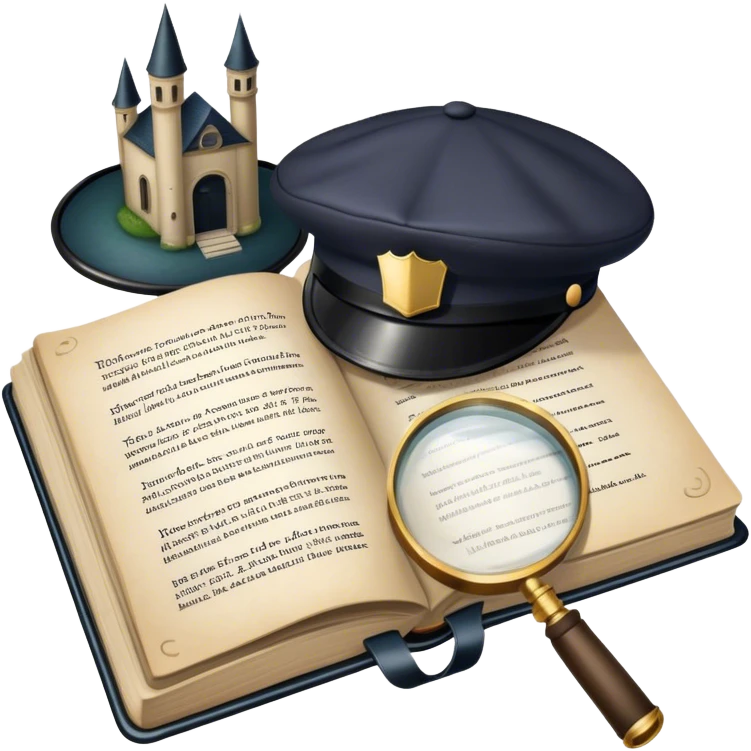 Icon for Detective Reading: an open book with text and a magnifying glass, a detective’s hat and a notebook with clues, surrounded by dark shadows and mysterious elements like footprints. Transparent background. emoji