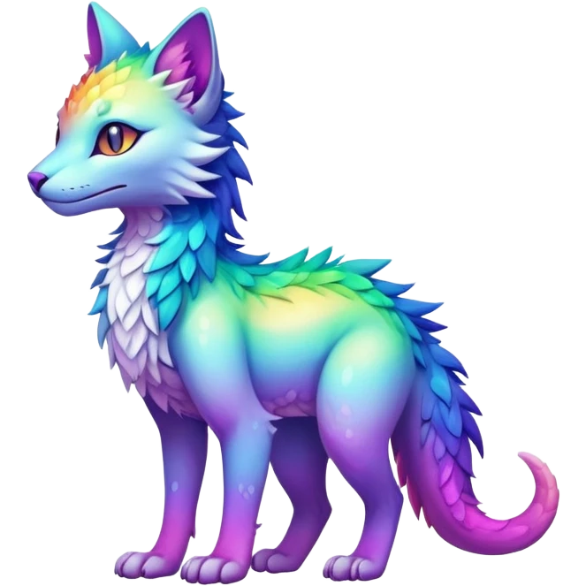 Kawaii neon colorful rainbow iridescent fantasy ethereal feline-vernid-sergal-fursona animal creature with a tufted tail full body with intricate markings emoji