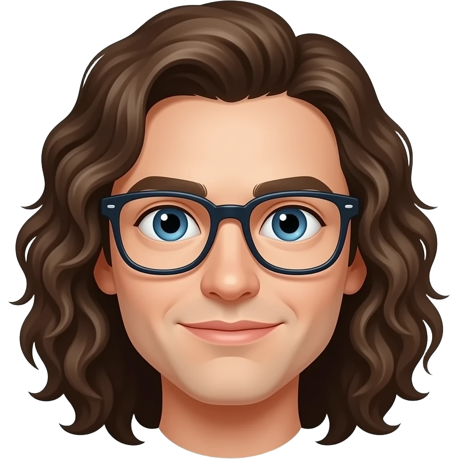 Brown medium length very curly hair, blue eyes, wide nose and and clear glasses emoji