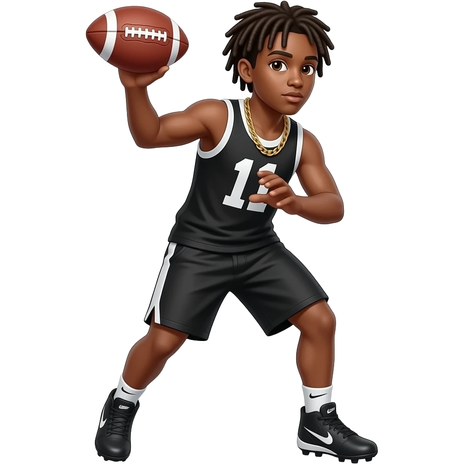 Brown skin teenager with Nike football cleats with dreads with a black white tank top and black shorts and gold chain #11 catching a football emoji
