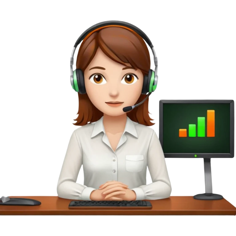a woman, brown hair, middle european, sitting in the office in front of a computer, wearing a blouse and a headset. she is controling the limits on screen. green = ok, orange = am Limit, rot = überschritten emoji