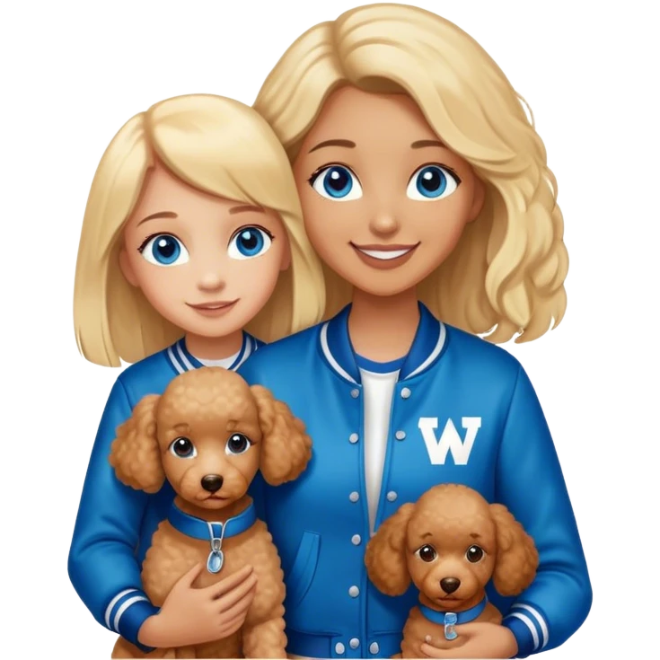 smiling mother in letterman jacket with W and Blue eyes, two Little girls Long blond straight hair and Blue eyes and one brown poodle puppie emoji