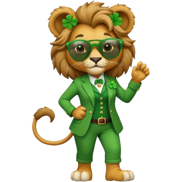 confident anthropomorphised female lion in St. Patrick's Day green clothes with shamrock accessories, dark sunglasses, walking upright, looking self-assured emoji