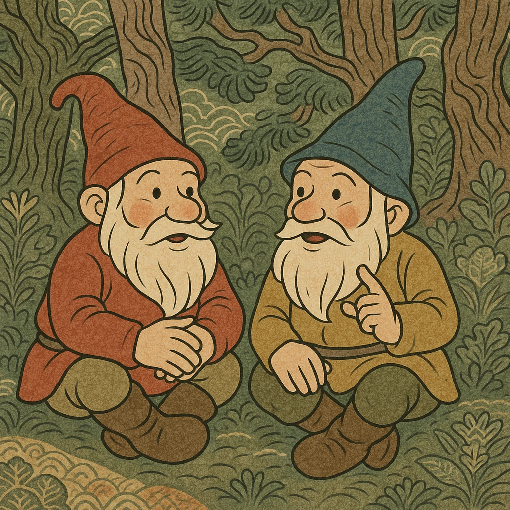 two gnomes in a forest, sitting next to each other, talking, magical realism, traditional Japanese illustration, ukiyo-e style emoji