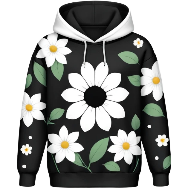 The BLACK Hoodie features a black base with distinctive white and black  open flower spots with empty space in the middle, These hollow ring-like patterns are scattered across. BLACK AND WHITE FLOWERS SPACED OUT FLOWERS, AND ONLY A FEW FLOWERS AND NO DOTS, NO VINES emoji