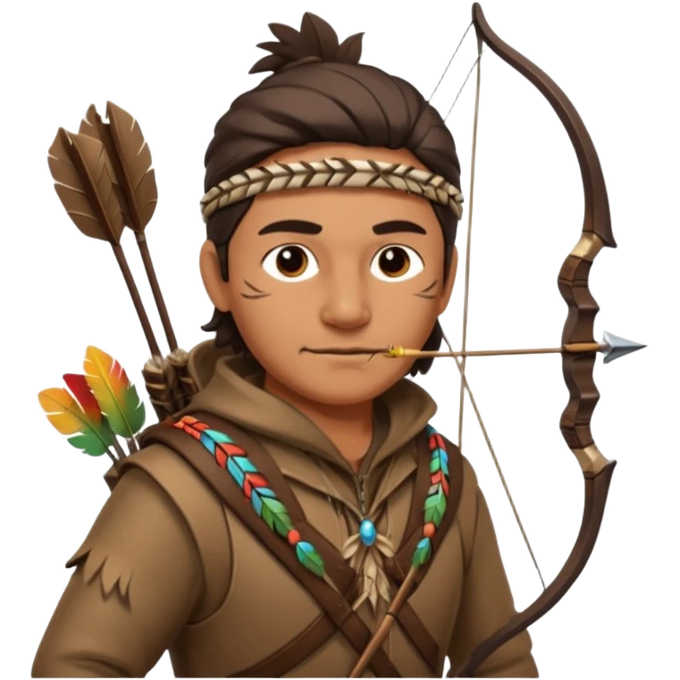 A classic middle-aged hunter with a bow and arrow on his back, dressed in brown clothes and adorned with decorations made of feathers or bone teeth emoji