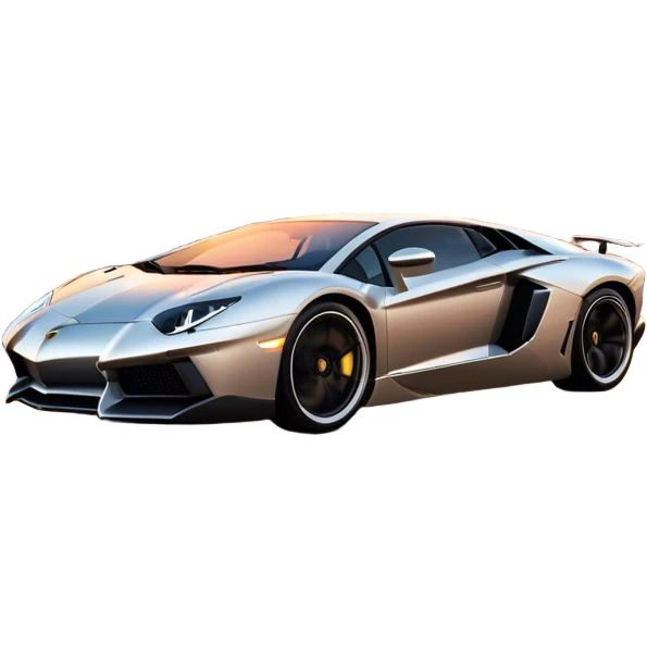 Lamborghini Aventador speeding down Sunset Avenue at dusk, headlights blazing. The sky glows in warm sunset hues, reflecting off the sleek car. Motion blur emphasizes speed, with palm trees and city lights in the background. Transparent background. emoji