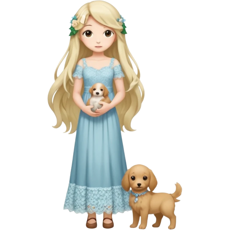 Pastel anime lady long hair with long lace dress full body holding puppy emoji